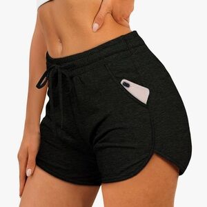 Women's Black Athletic Shorts Running Shorts with Pockets and Drawstring, L